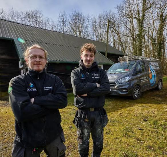 Installers Jason and Josh outside the Ashby de la Launde village hall