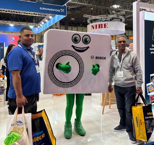 Heat pump mascot with visitors