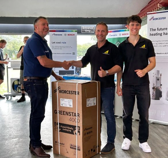 Christian, and his son Andrew, from City Heating collecting their Greenstar 4000 boiler at the Solihull roadshow