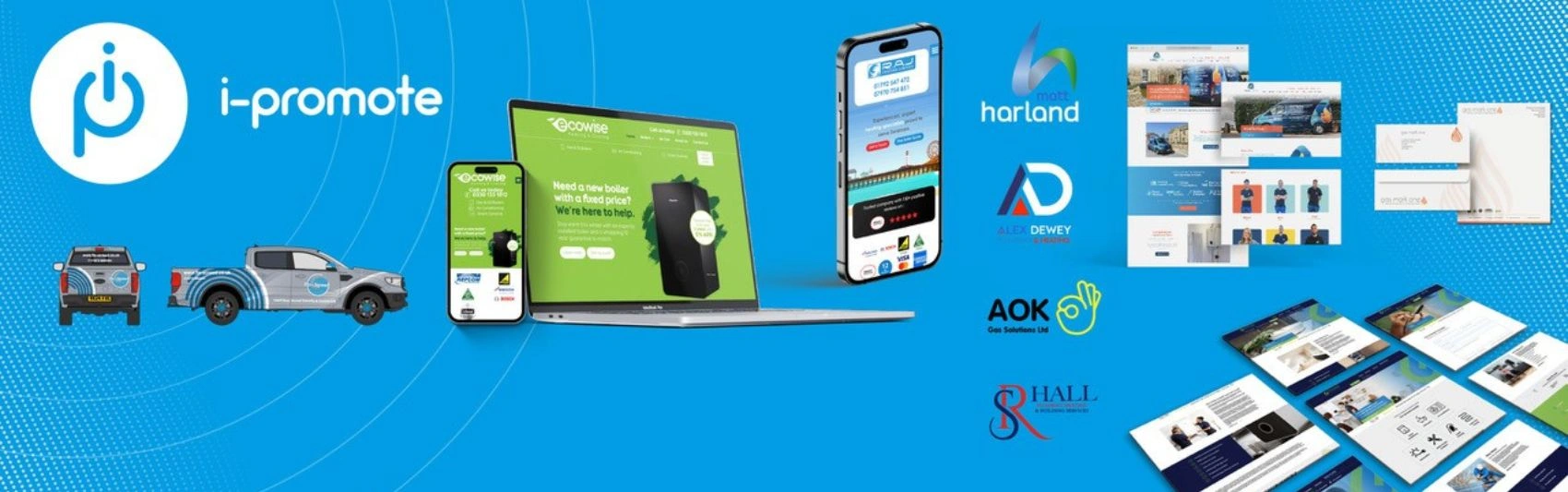 A promotional banner for i-Promote showcasing cars, phones, website imagery with their branding