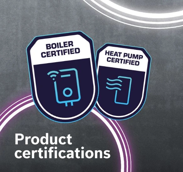 Badges with boiler certified and heat pump certified written on them